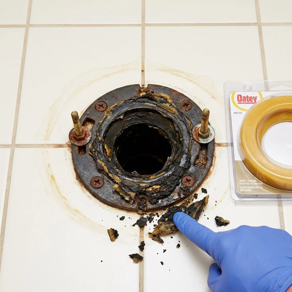 Failed wax ring showing water seepage at the base of a toilet in a Bellevue, NE home