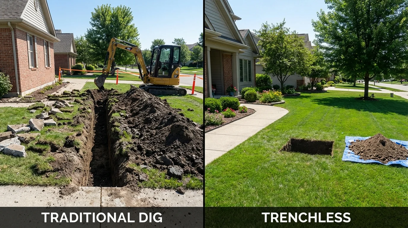 Trenchless sewer repair with minimal yard damage versus traditional excavation in Bellevue, NE